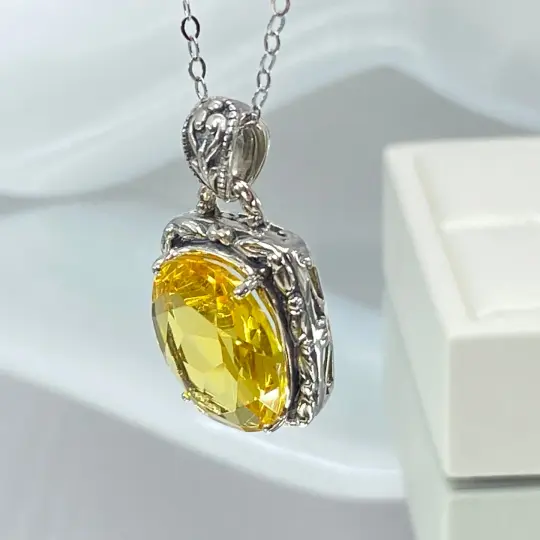 Citrine Pendant, Yellow Art Nouveau Necklace #P120 - Ready to Ship