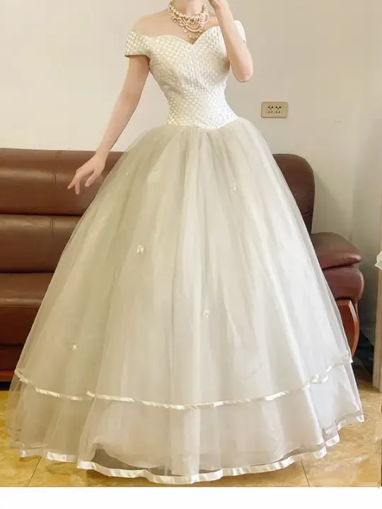 White Off-the-shoulder Waist-Cinched Puff-Skirt Ball Gown & Bridal Gown R7388