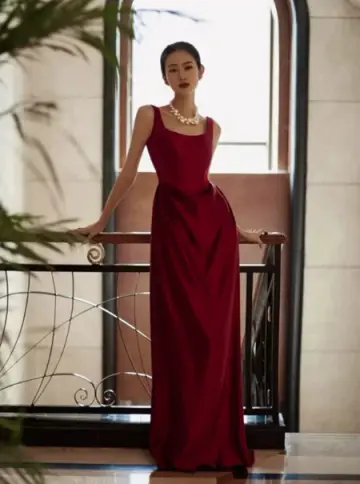 Silky Satin Corset Prom Gown ,Minimalist Burgundy Maxi Evening Dress Cocktail Dress RS1941