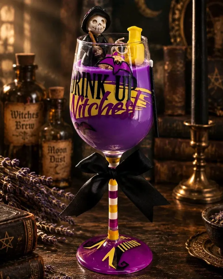 Artisan One Moon Flame Drink Up Witches Wine Glass Candle Cherry Cheesecake 18oz