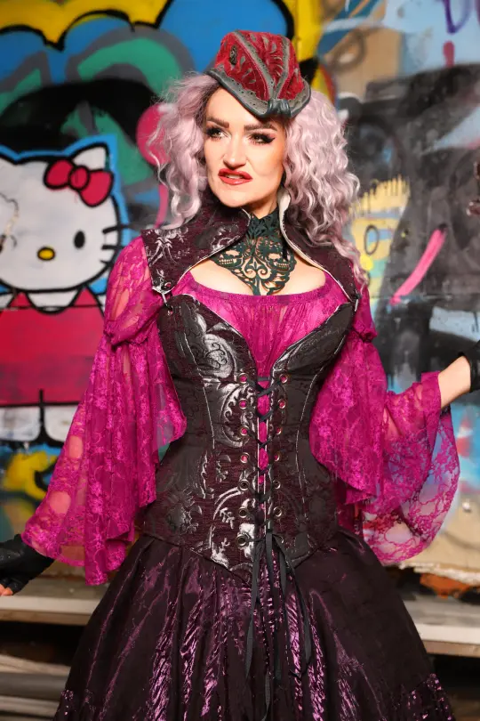 Overbust Corset w/Arch Collar In Plum and Silver Medallion - The Amaranth & Aster Collection