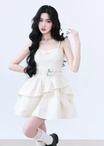 White Jacquard Floral Cami Dress Women With Corset Waist And Layered Skirt R9433