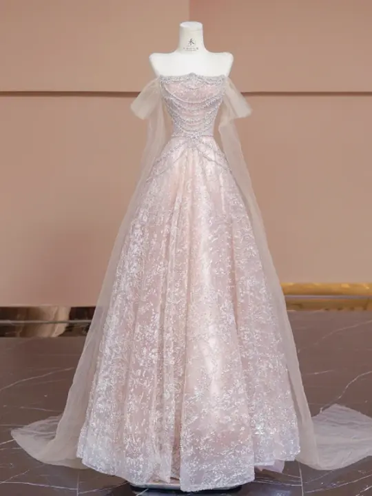 Light pink off-shoulder fitted waist long ball gown/bridal dress R8295