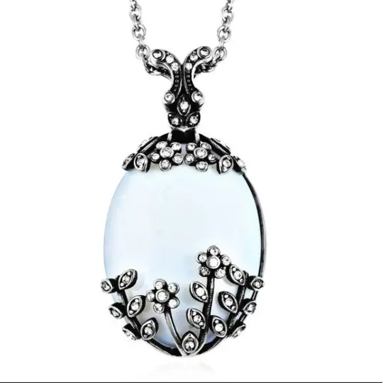 Opalite Pendant Necklace with Austrian Crystals & Black Oxidized Steel