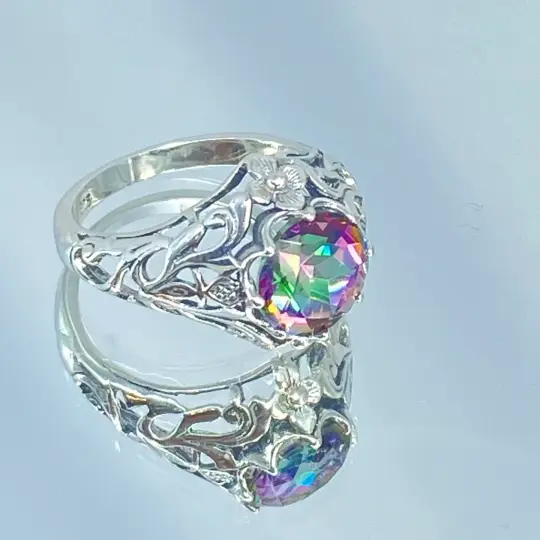 Mystic Topaz Ring, Size 4.5, Simulated Gemstone, Victorian Jewelry #D66 - Ready to Ship