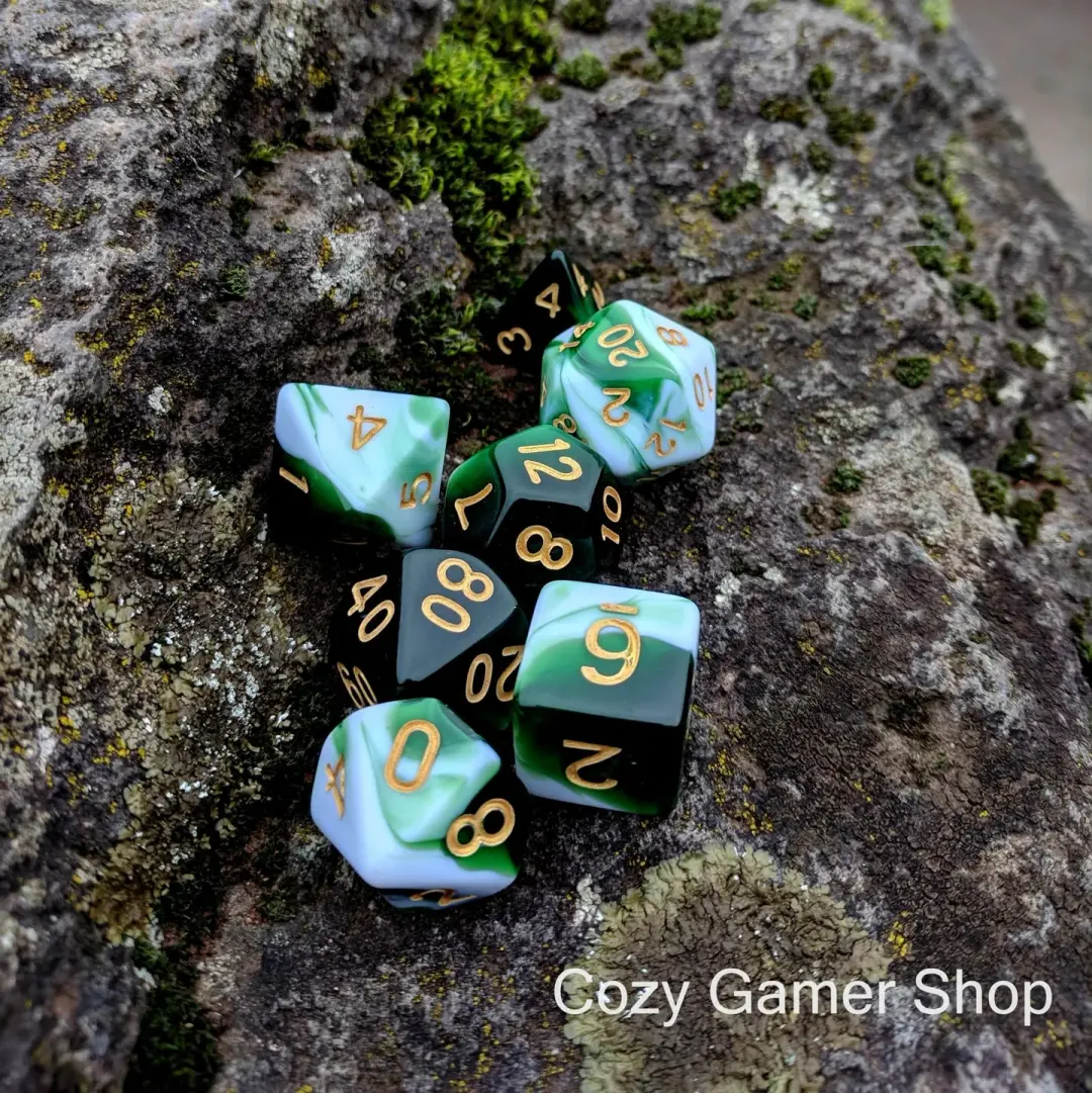 Volley Dice Set – 7-Piece Green White Marbled Polyhedral DnD Dice