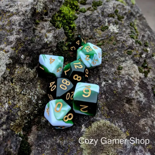 Volley Dice Set – 7-Piece Green White Marbled Polyhedral DnD Dice