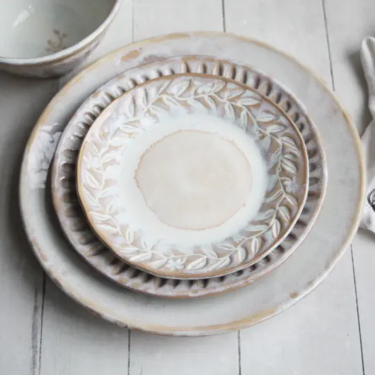 Custom Order for Nish - Three Place Settings in White and Ocher Glaze