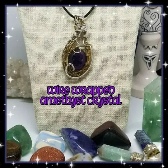 Wire Wrapped Amethyst Crystal Necklace in S925 Silver with 14K Gold Detail