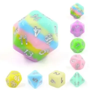 Harmony Source Dice Set – 8-Piece Pastel Rainbow Extra Layered D20 Silver Font