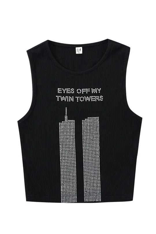 1 left - EYES OFF MY TWIN TOWERS Tencel Rib Crop Tank