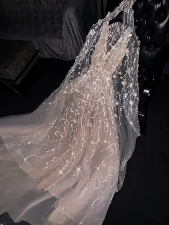 Light pink V-neck long-sleeved fitted ball gown/bridal dress R8795