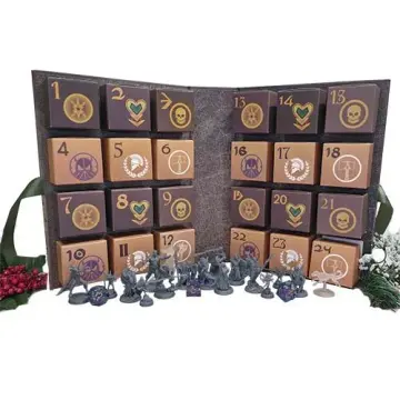 XL DnD advent calendar opened flat showing all 24 numbered boxes with unpainted 3D printed fantasy miniatures