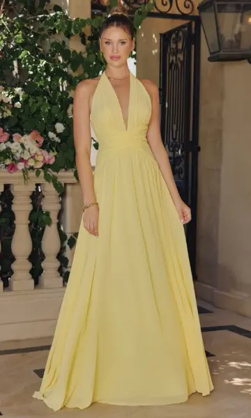 Flowy Chiffon Halter Prom Gown Yellow Women's Corset Maxi Evening Dress Casual Dress RS2900