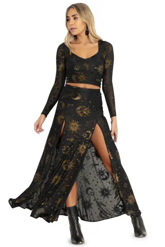 Burned Velvet Sun And Moon Gold Split Maxi Skirt