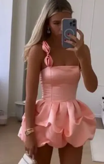 Pink suspender tie waist slim flower bud skirt short skirt homecoming dress R5467