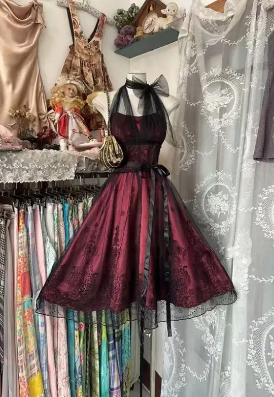 Deep red halter neck, fitted waist, full skirt, mid-length ball gown R7853