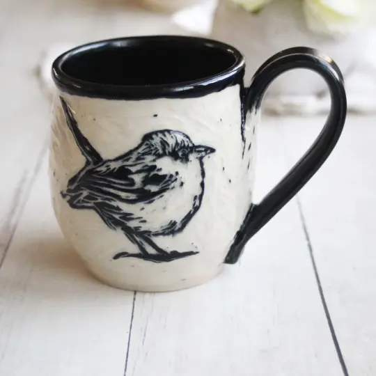 Little Wren Sgraffito Mug, Black and White Carved Coffee Cup, 13 oz., Made in USA