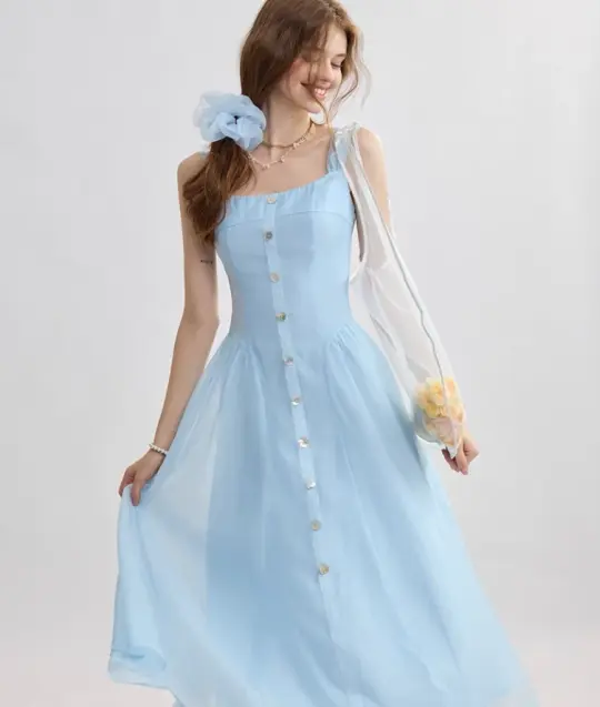 French suspender skirt blue dress sweet style long skirt R2693