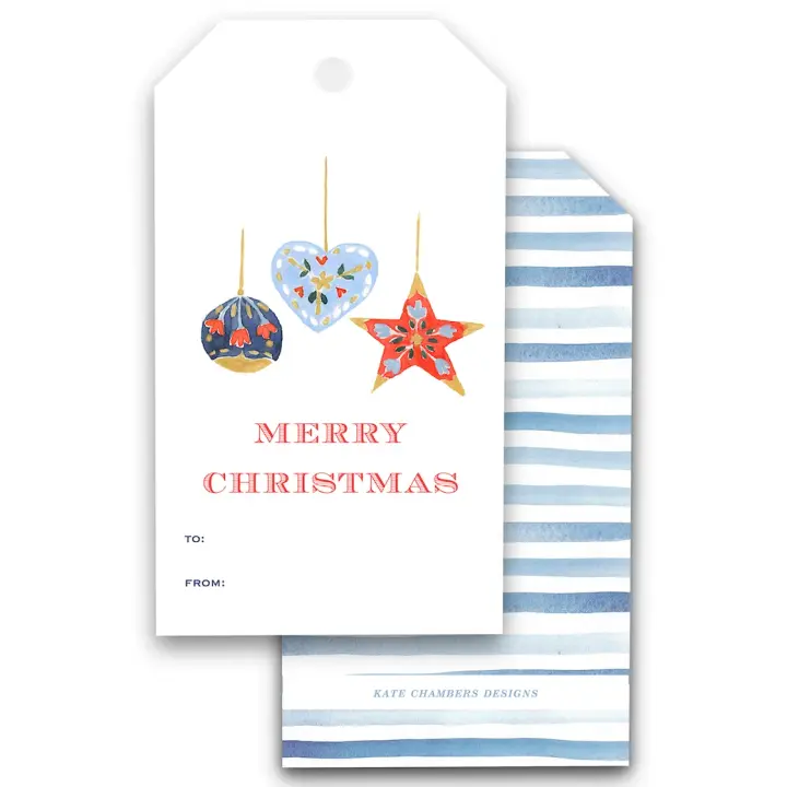 Blue and Red Watercolor Ornament Holiday Gift Tags, Set of 12