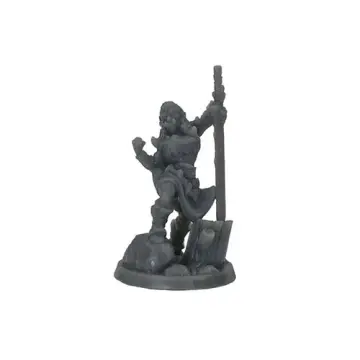 Unpainted 32mm 3D-printed female half-orc barbarian with her blade driven upright into a splintered tree stump — tabletop RPG miniature for D&D, Pathfinder & wargaming