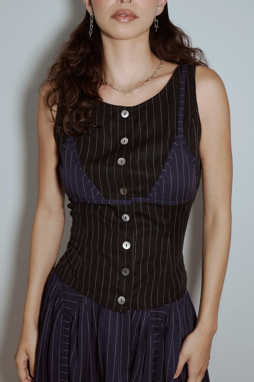 Bikini Bod Tencel Stripe Button Down Tank Black/Navy