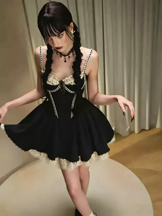 Gothic Coquette Bustier Dress with Lace Flounce Hem R9201