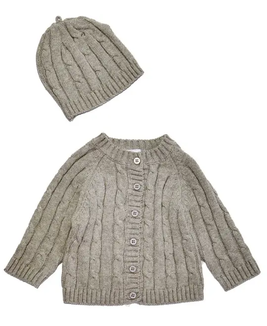 Baby Mode Signature Cable Knit Baby Cardigan Sweater with Beanie Gift Set, Gray