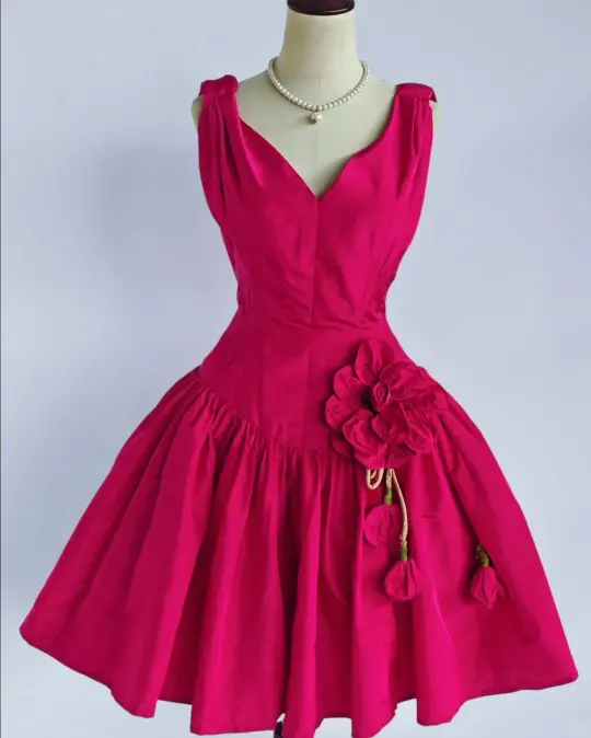 Rose red sleeveless slim waist A-line long skirt homecoming dress R4204