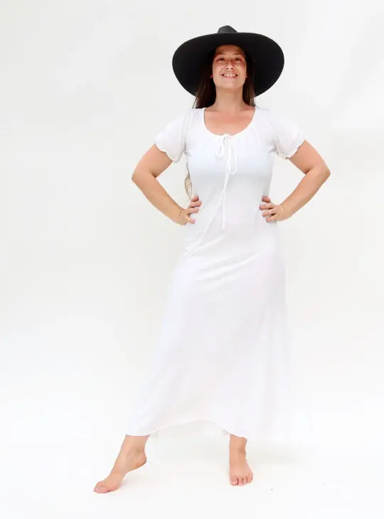 Cottage Sleeve Drawstring Collar Simplicity Long Dress