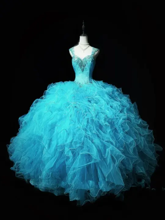 Light blue halter-neck fitted long ball gown with a flared skirt R8694
