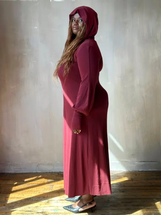 "Temple" Maxi Dress w/Hood in Plum Wine (In-Stock)