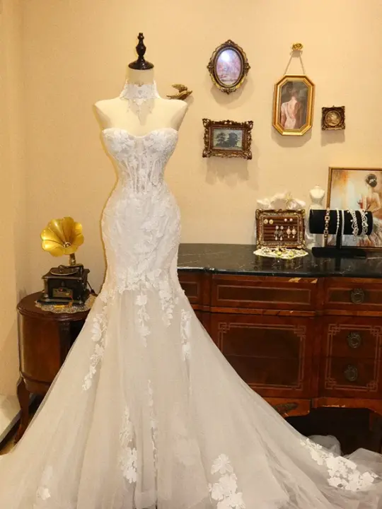 White lace strapless cinched waist slim-fitting mermaid skirt wedding dress R6588
