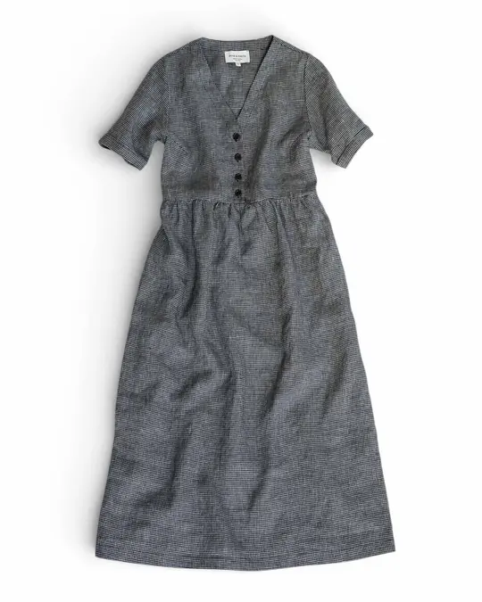 No.31 V Neck, Full Length Linen Dress in Brasserie Check