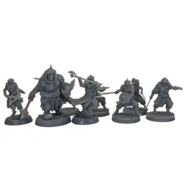 Unpainted 32mm 3D-printed Knights of the Shield warband of seven fantasy warriors — tabletop RPG miniatures for D&D, Pathfinder & wargaming