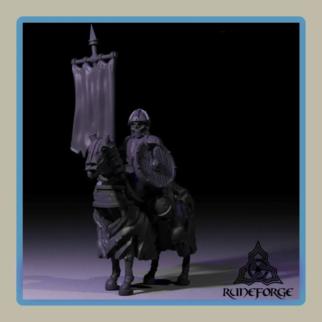 render of 28mm miniature skeleton undead cavalry stationary