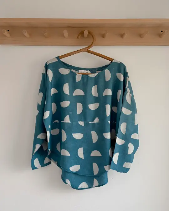 Indigo Block-print Silky Sera Top in Setting Suns
