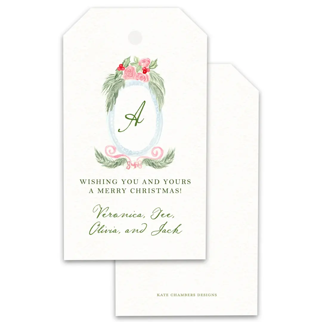 Watercolor Monogram Crest Red Pink Bow Holiday Gift Tag