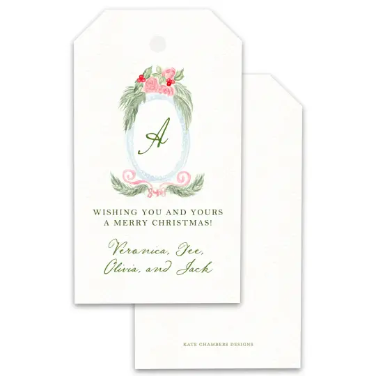 Watercolor Monogram Crest Red Pink Bow Holiday Gift Tag
