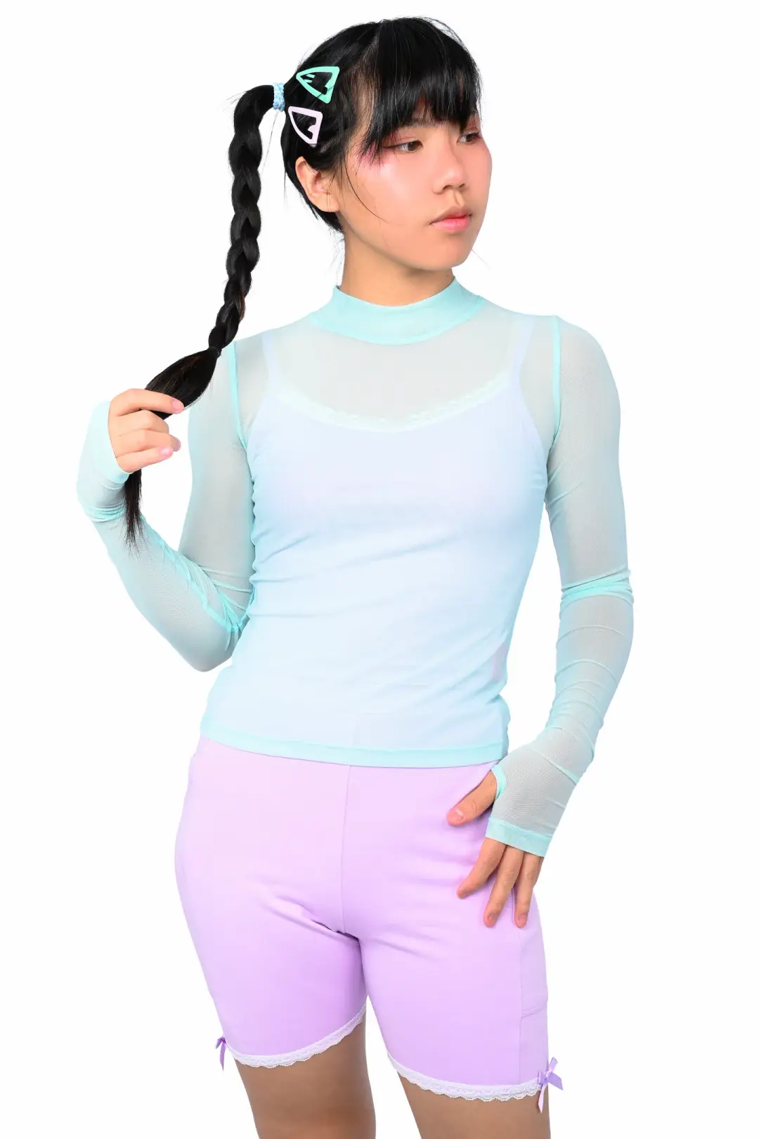Basics Long Sleeve Mesh Top and Cami Set - Mint/Lavender