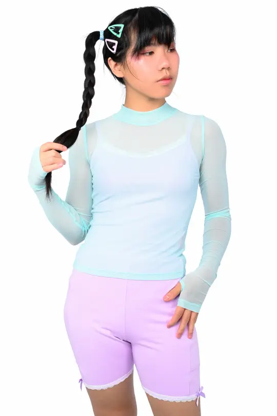Basics Long Sleeve Mesh Top and Cami Set - Mint/Lavender