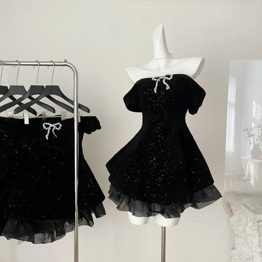 French high-end black velvet elegant dress R2181
