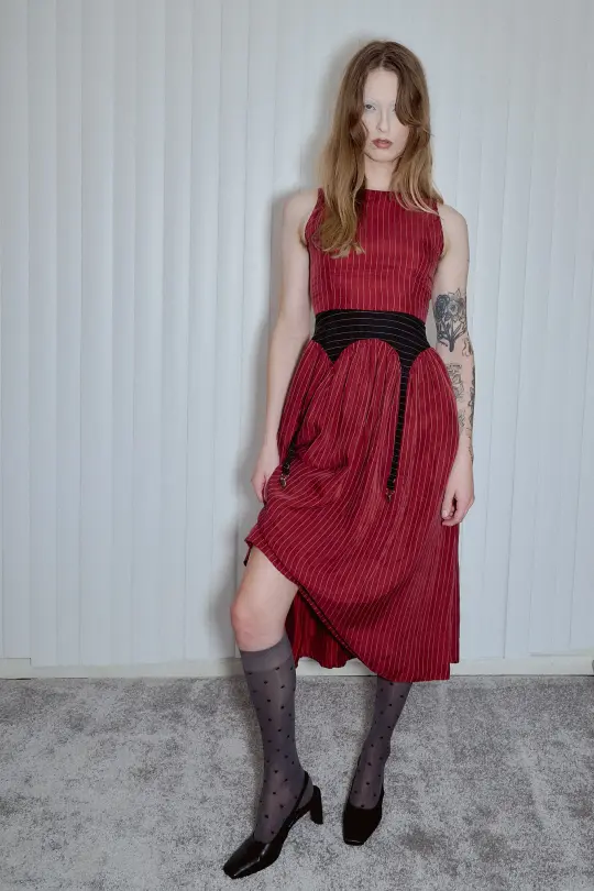 Garter Dress Tencel Stripe Maroon/Black