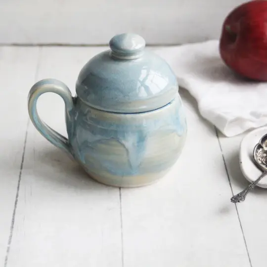 Petite Mug with Warming Lid, 9 Ounce Mug in Sea Glass Blue Glaze, Made in USA
