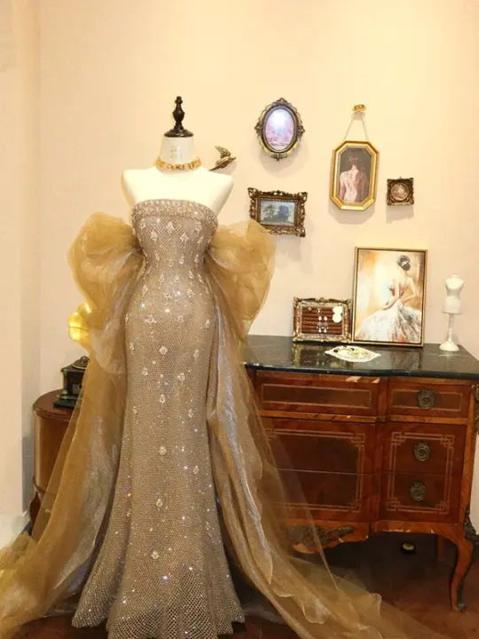 Gold strapless shawl fitted waist bodycon long wedding dress R6572