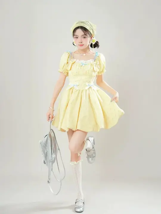 Yellow puff sleeves slim waist cute short skirt homecoming dress R5239