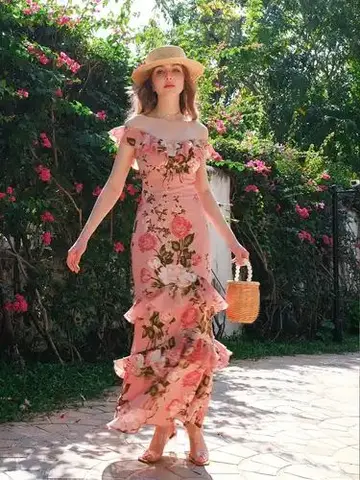 Pink retro rose print one-shoulder slim waist long dress homecoming dress R3251