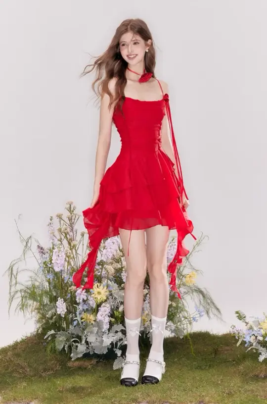 French flower tie ruffled collar suspender dress R4542