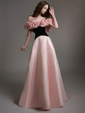 French Chic Blackpink A-Line Flower-Strapless Corset Maxi Prom Dress Evening Dress RS416