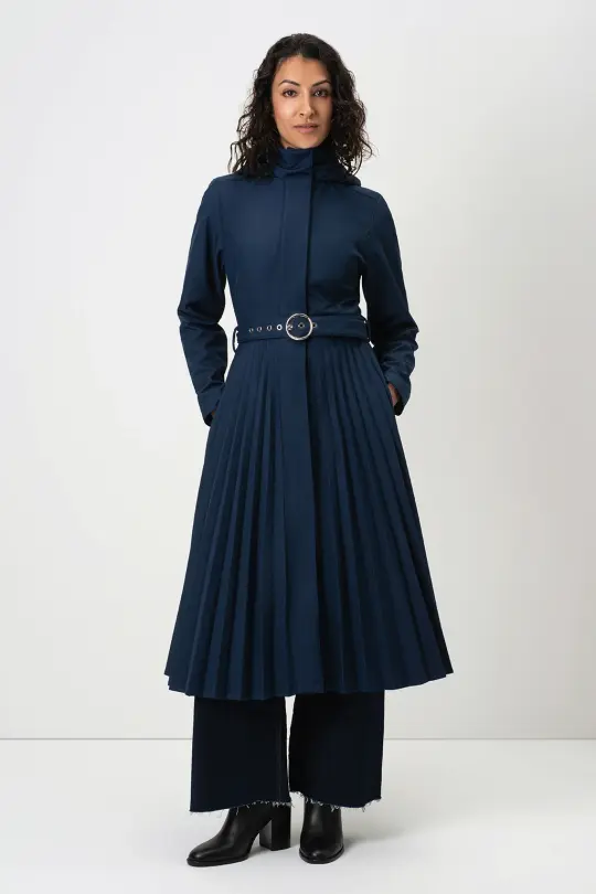 Fit and Flare Blue Womenâ€™s A-Line Coat with Pleated Skirt | Blue Serenade